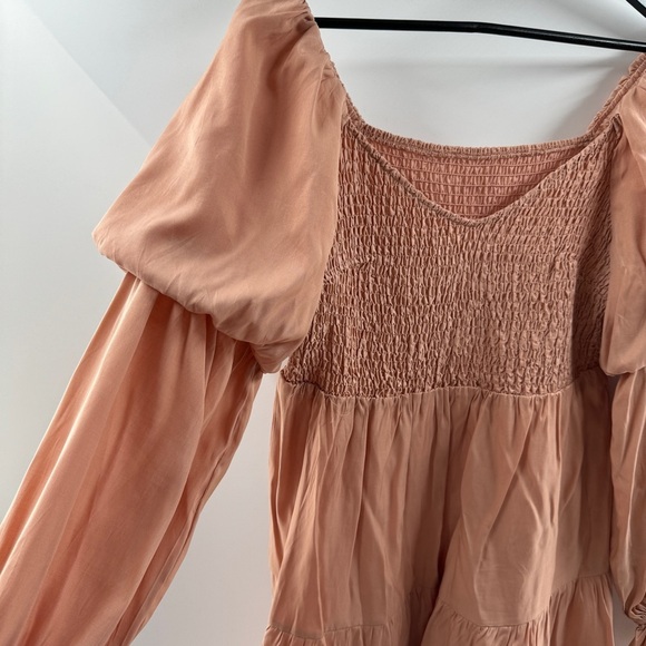 Peach Smocked Puff Sleeve A-Line Dress Convertible Neckline Size Large - Picture 4 of 7